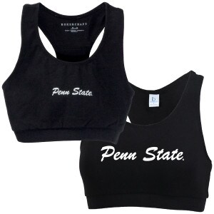 women's black sports bras with white script Penn State